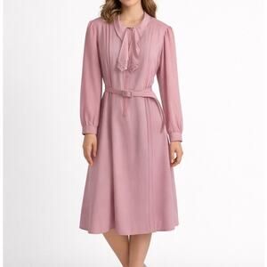 Vintage Lady Jennifer Pink Pleated Secretary Dress w Belt Long Sleeve Midi XL